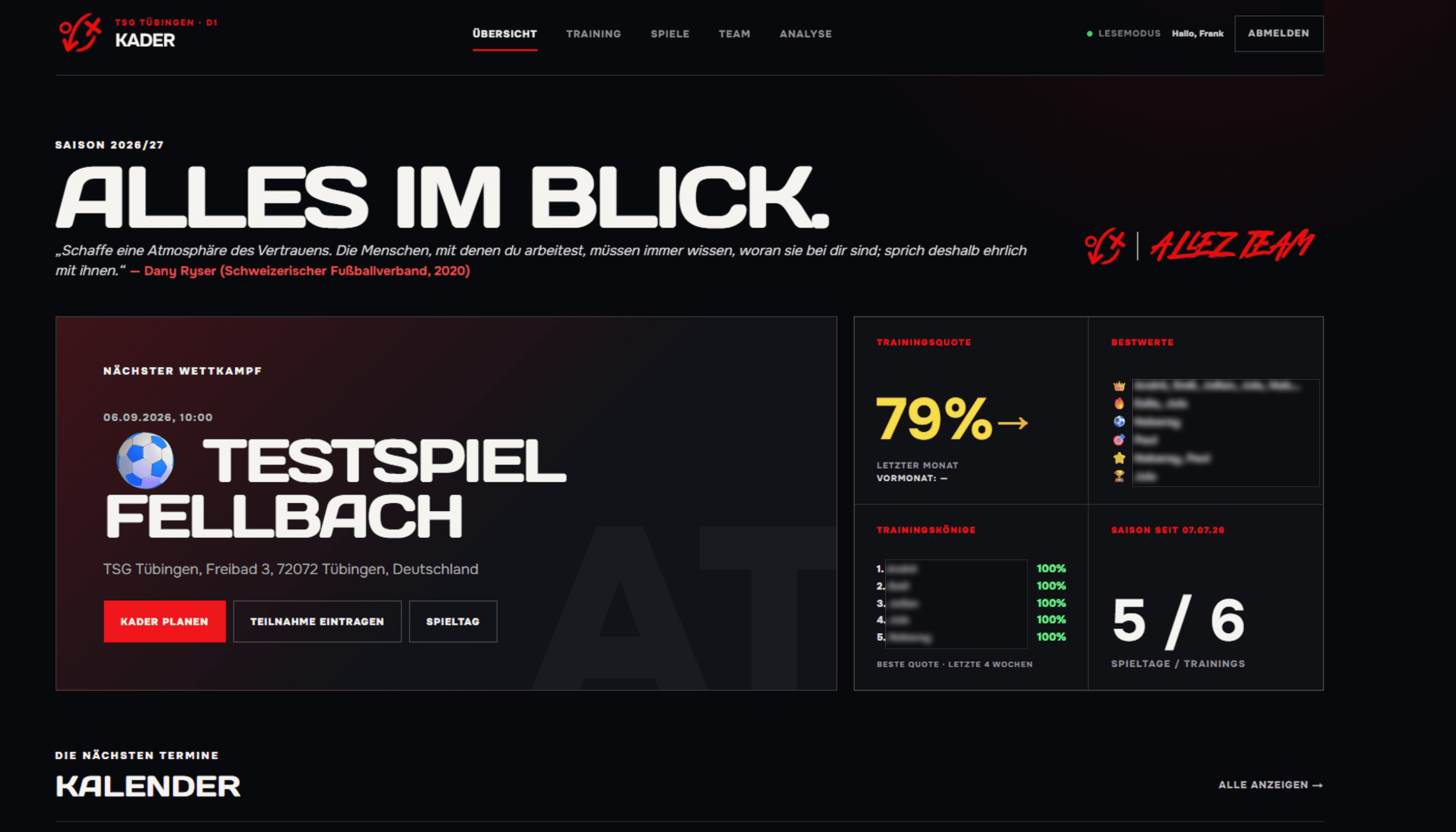 Allez-Team-Dashboard mit Kader, Training und Spieltag