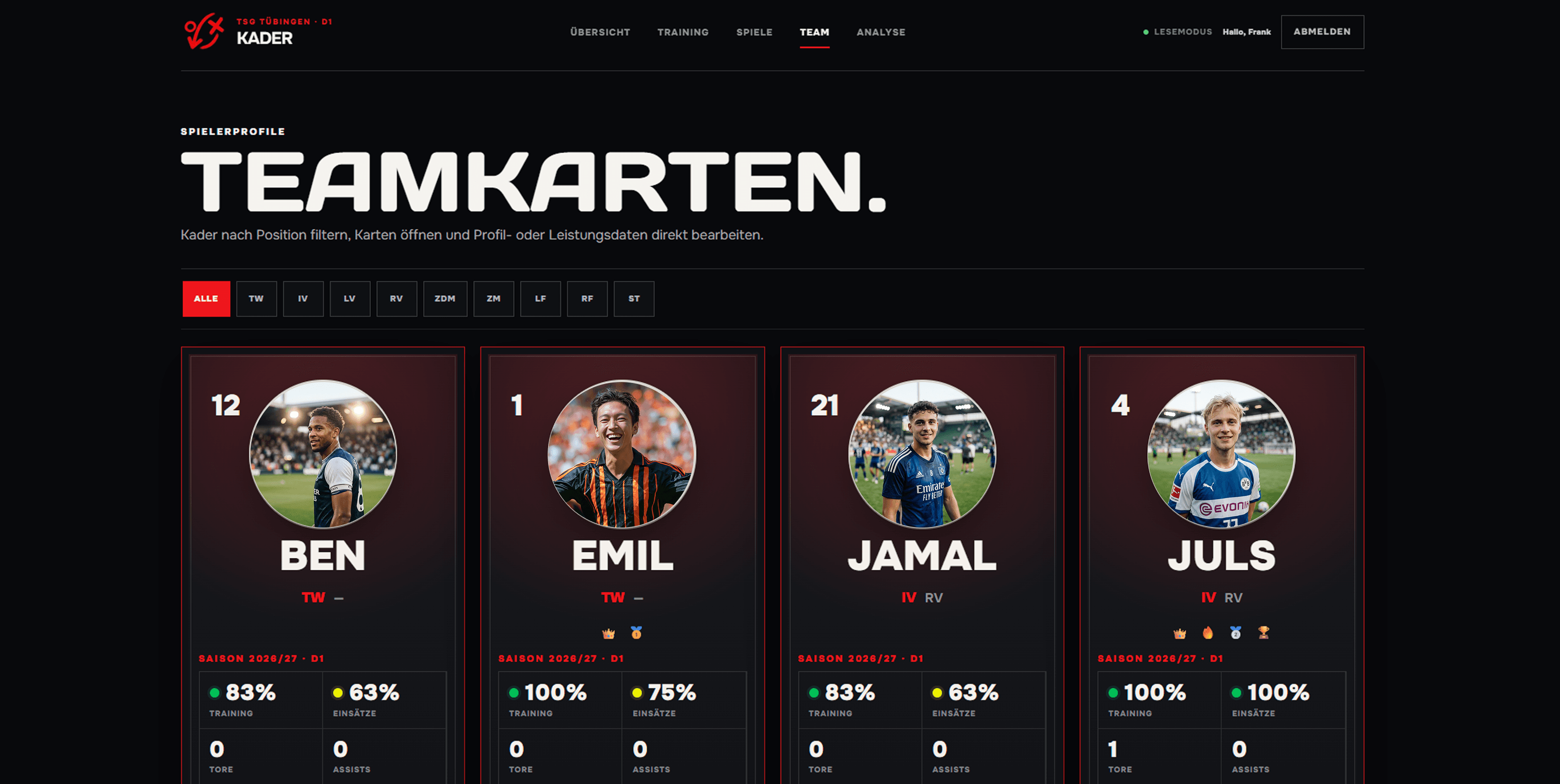 Teamkarten mit Spielerprofilen und Saisonwerten